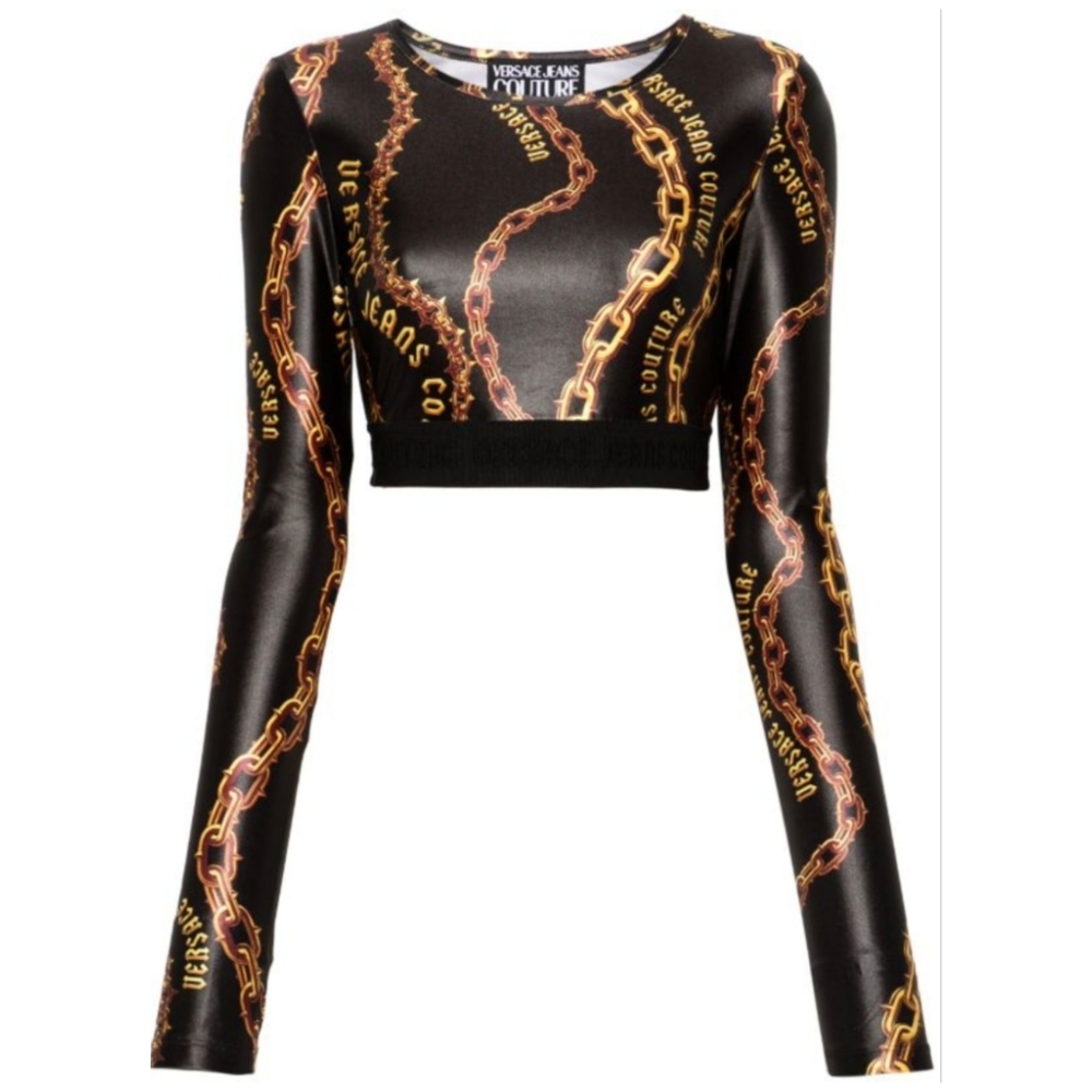 VERSACE JEANS COUTURE Black Chain Couture Long Sleeve Crop Top Size 38
